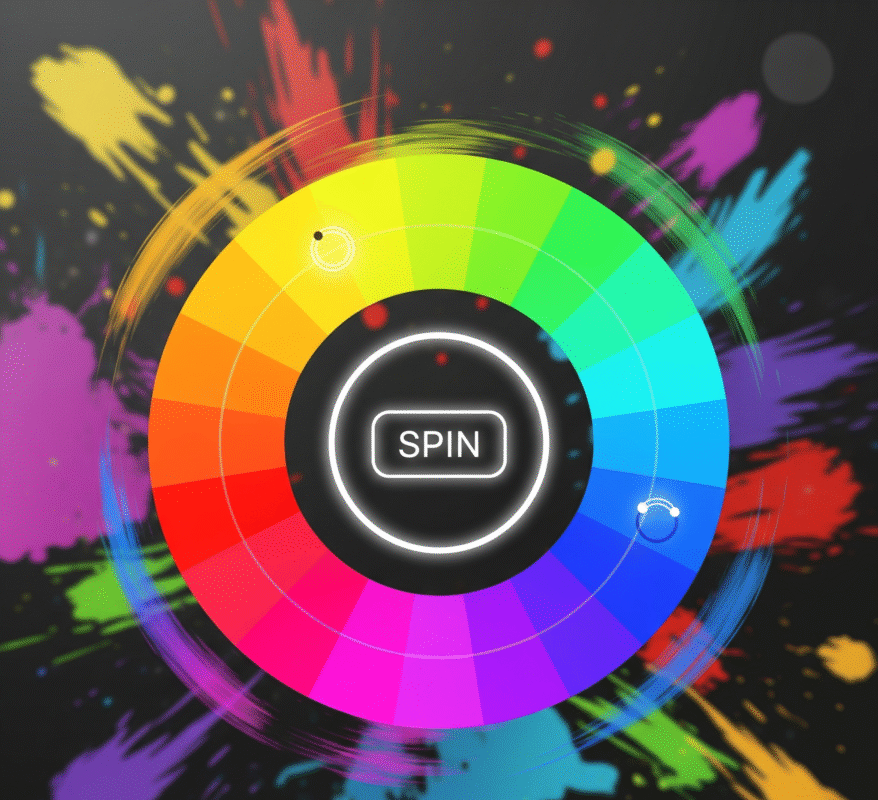 "A colorful digital color wheel spinner tool with vibrant segments and a central spin button, designed for random color selection in creative projects."