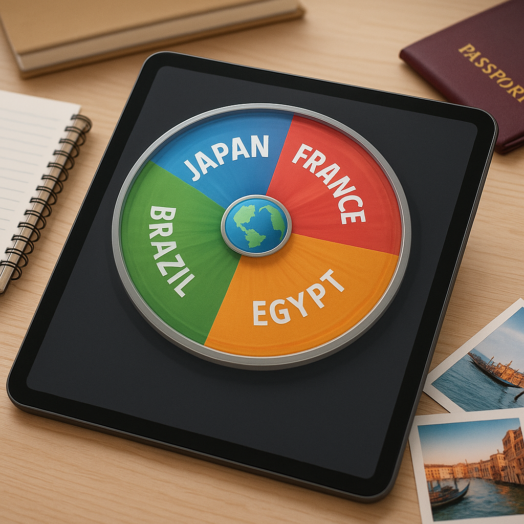 "Digital country wheel spinner mid-spin on a tablet with global country names and travel-themed background elements