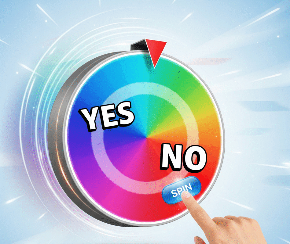 A colorful digital spinning wheel with bold “Yes” and “No” options, glowing at the center as it spins. The background is bright and modern, with playful icons suggesting decision-making, fun, and spontaneity.