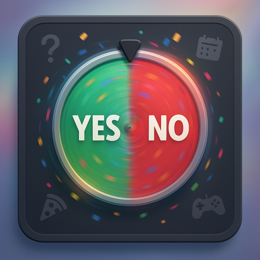 Digital Yes No Wheel spinning with green 'Yes' and red 'No' sections, surrounded by confetti and icons including a question mark, calendar, pizza slice, and game controller, symbolizing everyday decision-making.